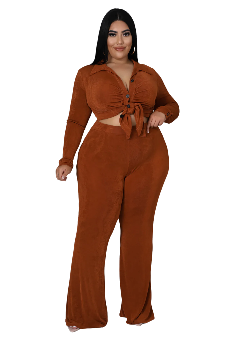 Final Sale Plus Size 2pc Slinky Button Up Collar Top and Pants Set in Cognac