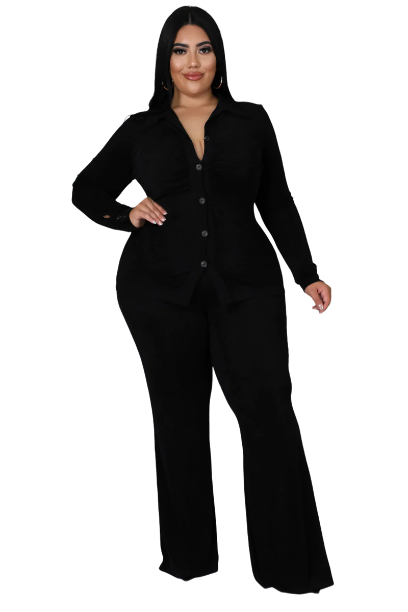 Final Sale Plus Size 2pc Slinky Button Up Collar Top and Pants Set in Black