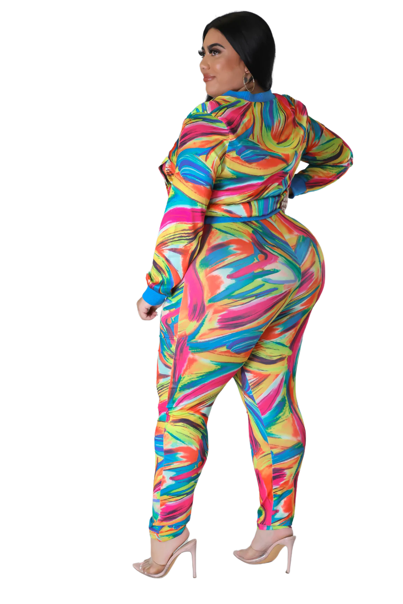 Final Sale Plus Size 2pc Cropped Satin Zip-Up Jacket and Pants Set in Multi Color Swirl Print