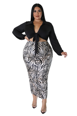 Final Sale Plus Size 2pc Long Sleeve Faux Wrap Collar Black Crop Tie Top and Skirt Set in Velvet Zebra Print