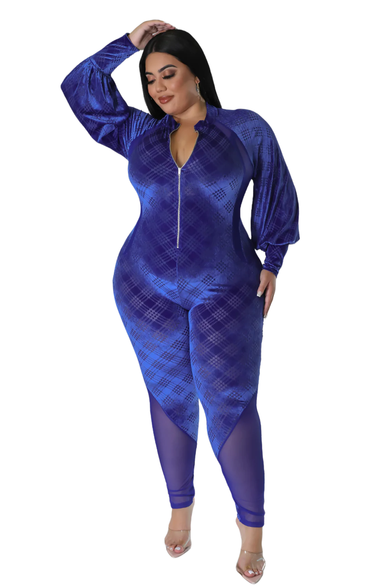 Final Sale Plus Size Velvet Mesh Contrast Zip-Up Jumpsuit in Royal Blu Chic And Curvy Final Sale Plus Size Velvet Mesh Contrast Zip-Up Jumpsuit in Royal Blu Chic And Curvy