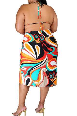 Final Sale Plus Size 3pc Poolside Playsuit (Bikini Top, Bottom & Skirt) Set in Multicolor Swirl Print