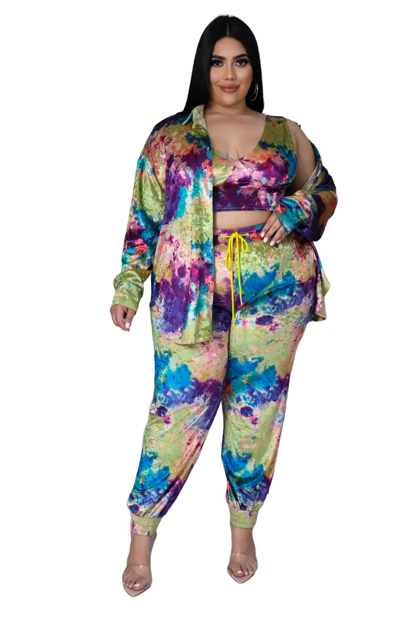 Final Sale Plus Size Velvet 3pc (Button Up Collar Top, Crop Bra