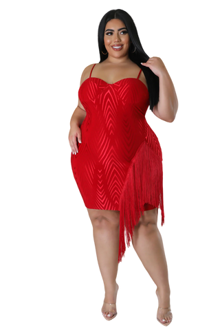 Final Sale Plus Size Spaghetti Strap BodyCon Dress with Side Fringe in Red