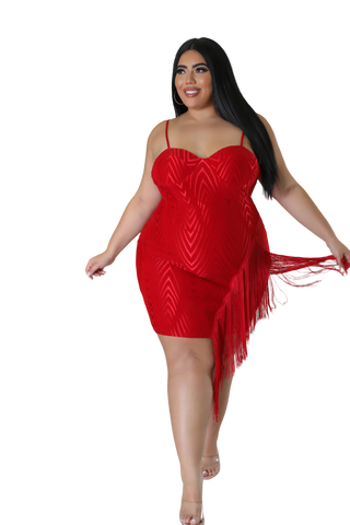 Final Sale Plus Size Spaghetti Strap BodyCon Dress with Side Fringe in Red