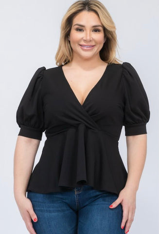 Final Sale Plus Size Techno Crepe  Peplum Top with 3/4 Sleeves in Black