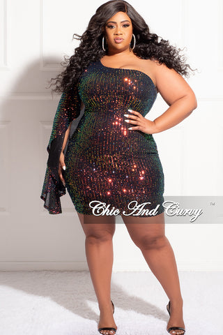 Final Sale Plus Size One Shoulder Dress with Slit Sleeve in Multi Color Sequin