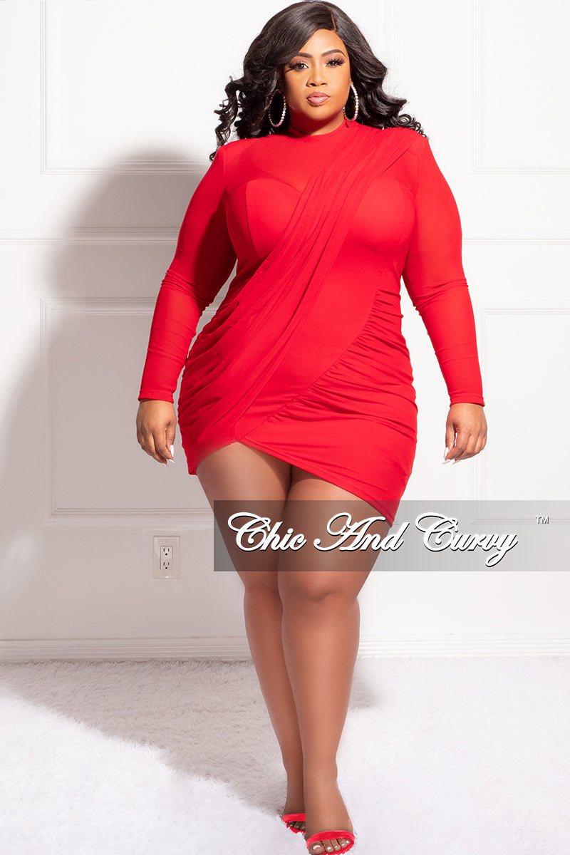 Final Sale Plus Size Plus Size Sheer BodyCon Dress with Front Draping Overlay in Red
