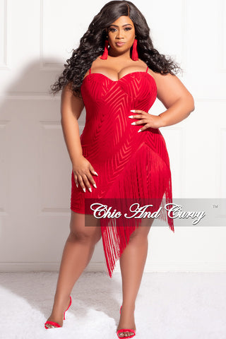 Final Sale Plus Size Spaghetti Strap BodyCon Dress with Side Fringe in Red