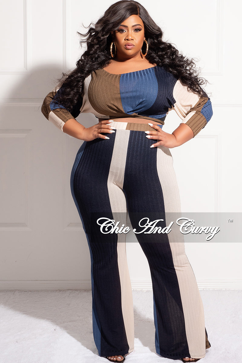 Final Sale Plus Size 2pc Off the Shoulder Top and Pants Set in Navy Tan & Olive