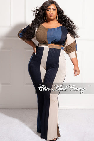Final Sale Plus Size 2pc Off the Shoulder Top and Pants Set in Navy Tan & Olive