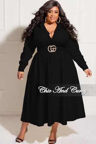 Final Sale Plus Size Long Sleeve Collar Button Up Dress in Black