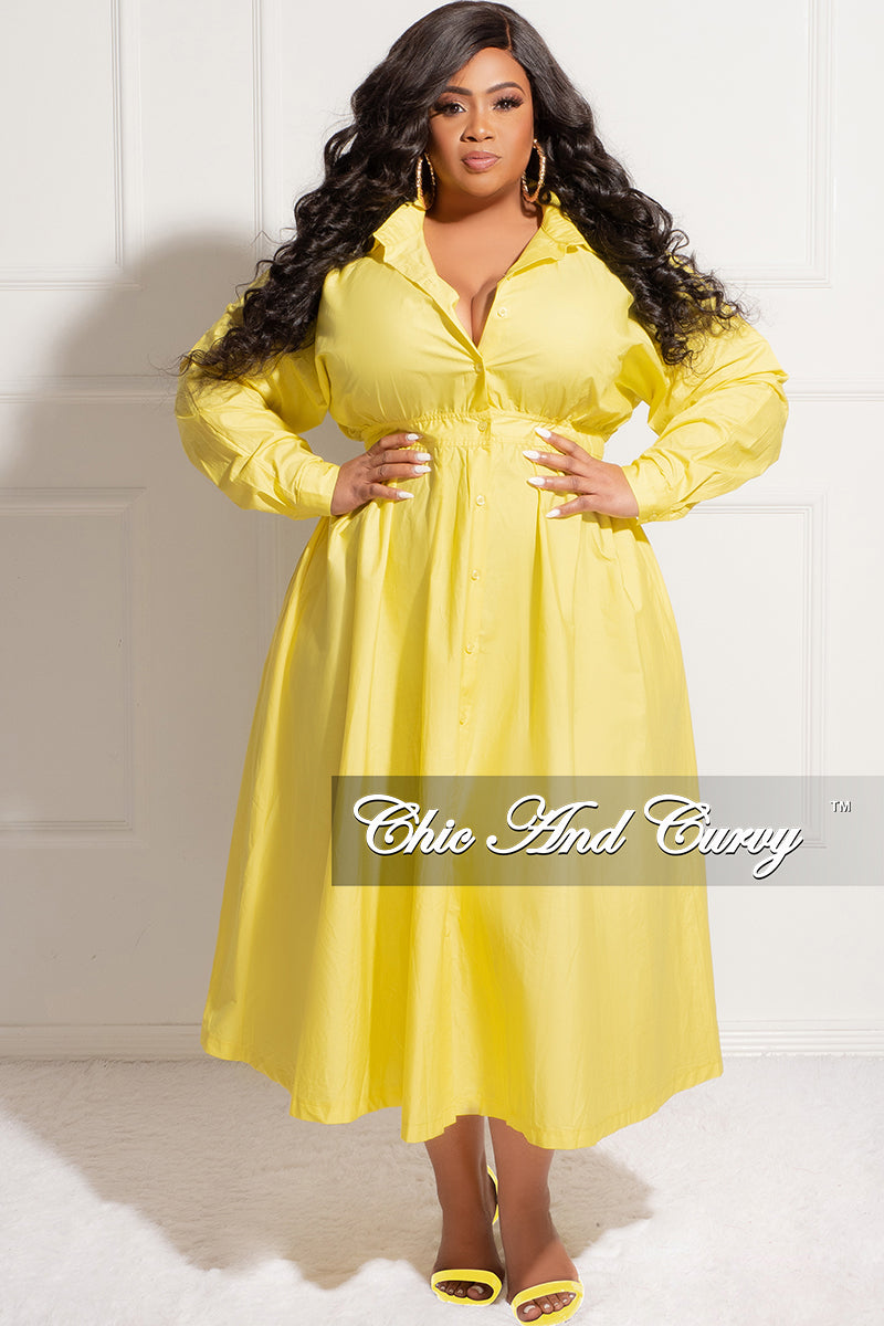 Final Sale Plus Size Long Sleeve Collar Button Up Dress in Mustard