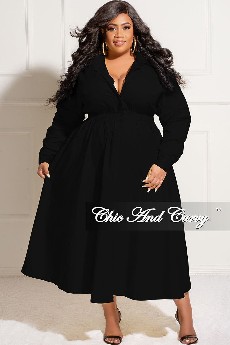 Final Sale Plus Size Long Sleeve Collar Button Up Dress in Black