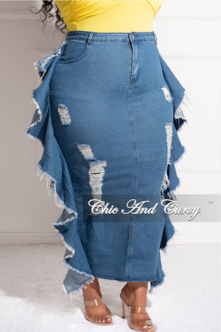 Final Sale Plus Size Ruffle Trim Distressed Maxi Skirt in Denim
