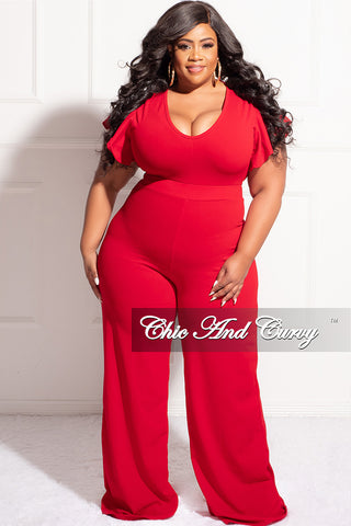 FinaL Sale Plus Size Ruffle Sleeve Jumpsuit in Red