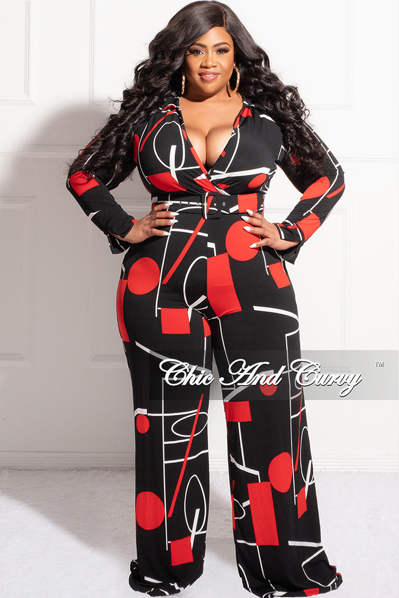 Final Sale Plus Size Collar Faux Wrap Jumpsuit with Waist Tie in Black, Red, & White Print