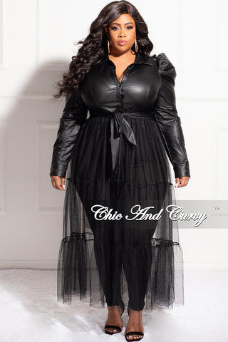 Final Sale Plus Size Faux Leather Collar Button Up Top with Sheer Bottom in Black