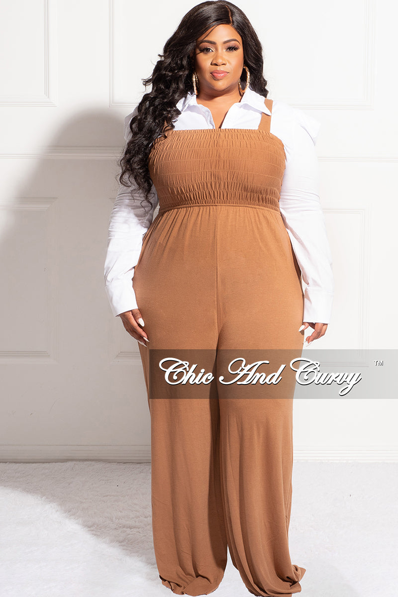 Final Sale Plus Size Sleeveless Shirred Jumpsuit in Deep Camel