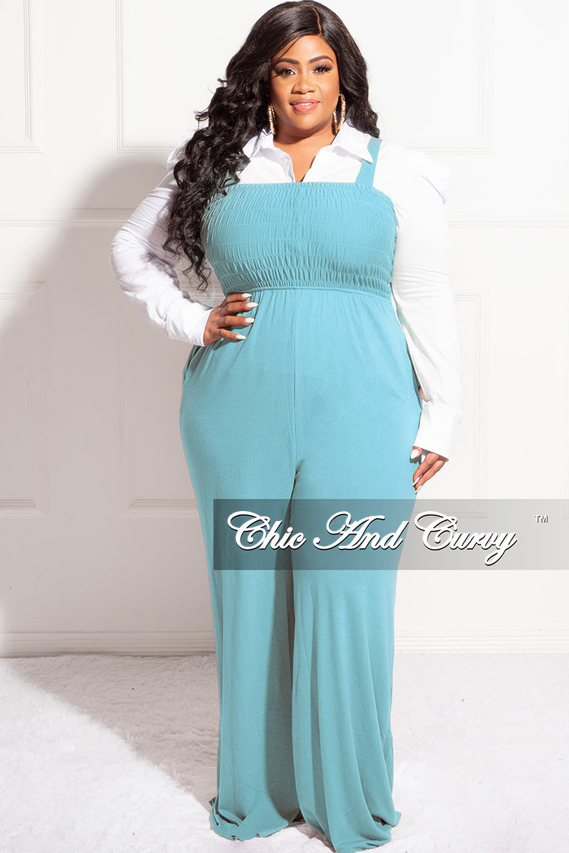 Final Sale Plus Size Sleeveless Shirred Jumpsuit in Mint