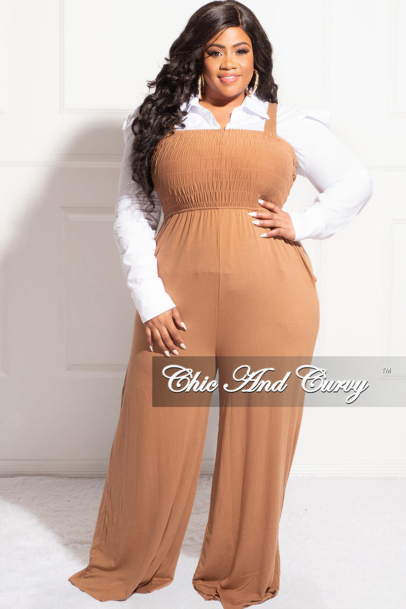 Final Sale Plus Size Sleeveless Shirred Jumpsuit in Deep Camel