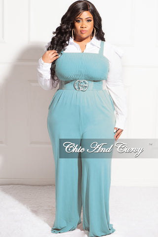 Final Sale Plus Size Sleeveless Shirred Jumpsuit in Mint