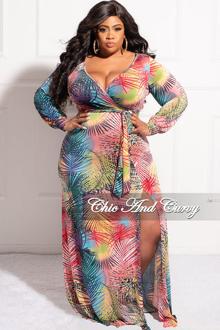 Final Sale Plus Size Faux Wrap Dress with Tie and High Slit in Multi Color Design Print