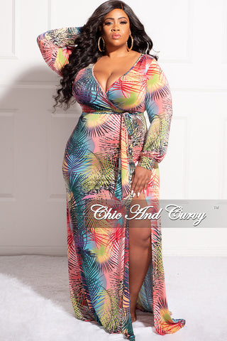 Final Sale Plus Size Faux Wrap Dress with Tie and High Slit in Multi Color Design Print