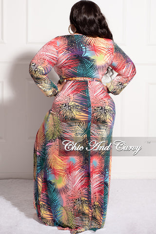 Final Sale Plus Size Faux Wrap Dress with Tie and High Slit in Multi Color Design Print