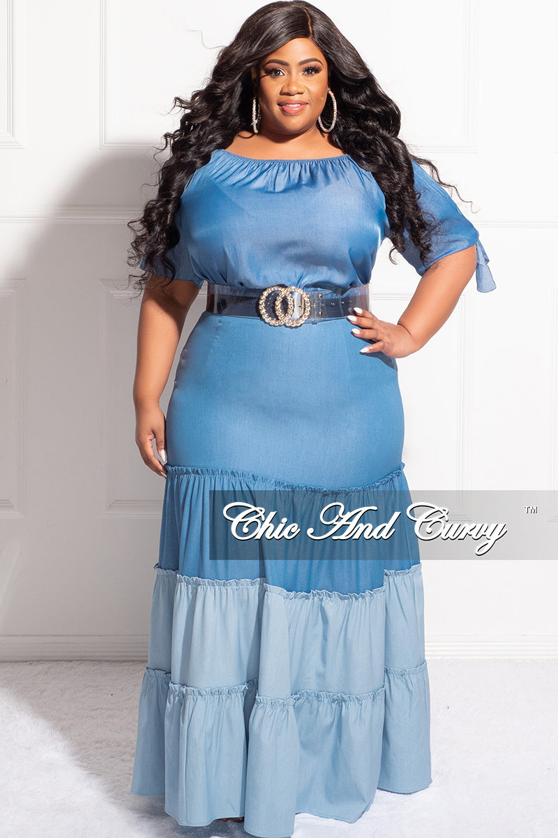Final Sale Plus Size Two Toned Tiered Maxi Skirt in Denim Color