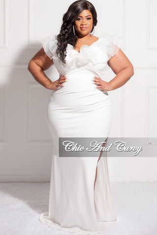 Final Sale Plus Size Organza Ruffle Layered Gown with Slit in Ivory