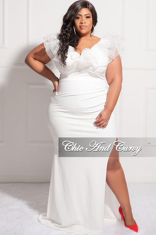 Final Sale Plus Size Organza Ruffle Layered Gown with Slit in Ivory