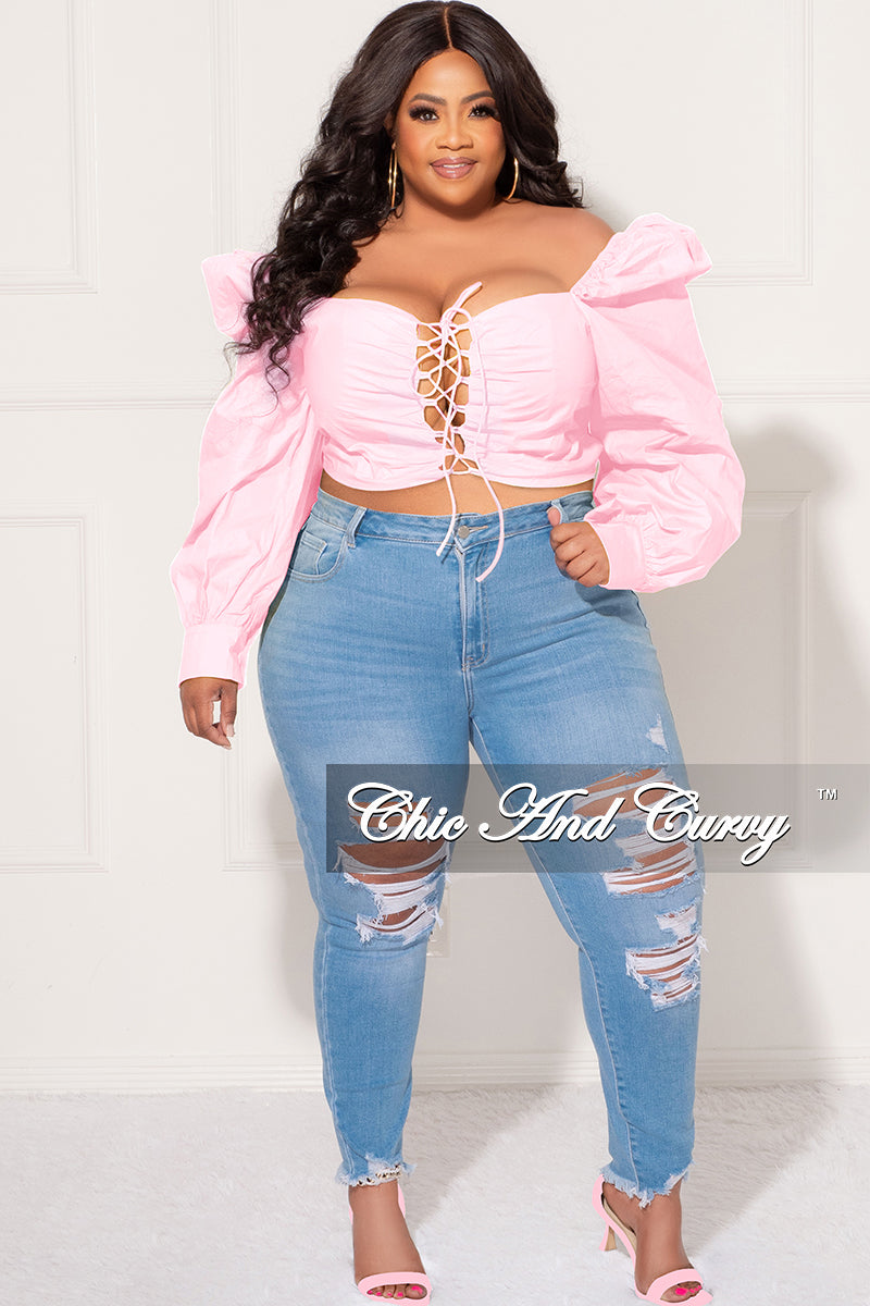Final Sale Plus Size Sweetheart Lace-Up Crop Top in Light Pink