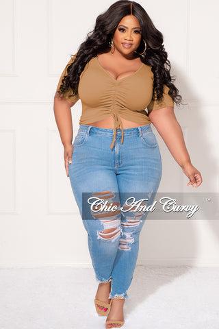 Final Sale Plus Size Ribbed Drawstring Top in Camel