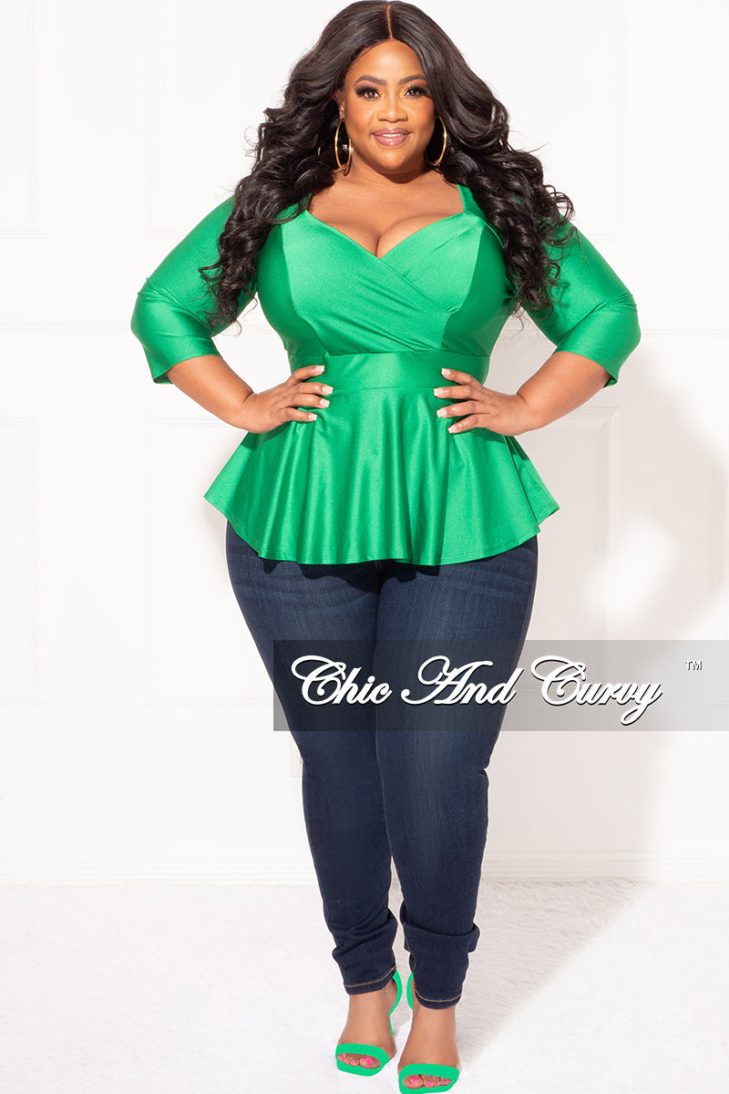 peplum dress plus size Final Sale Plus Size Faux Wrap Shiny Peplum Top in Green