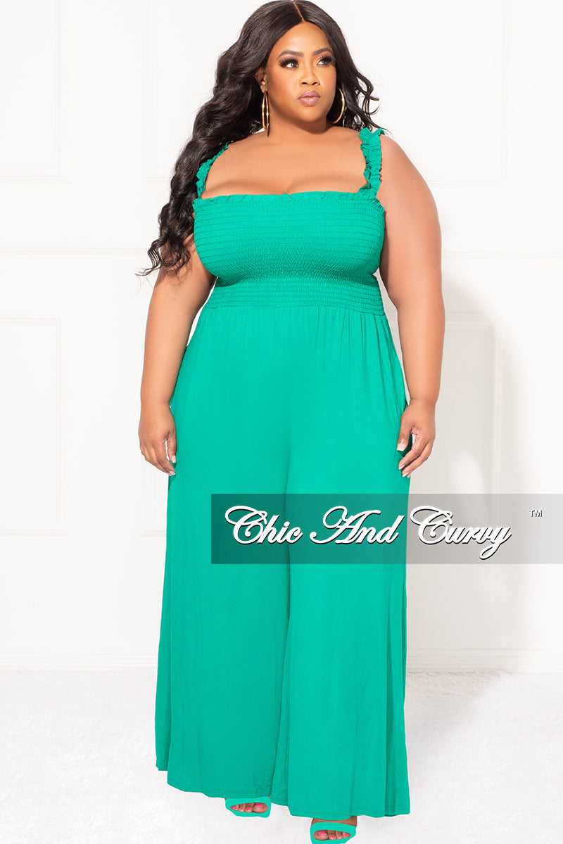 Final Sale Plus Size Jumpsuit with Smocking & Elastic Straps in Kelly Green - 3x 22 Final Sale Plus Size Jumpsuit with Smocking & Elastic Straps in Kelly Green - 3x 22