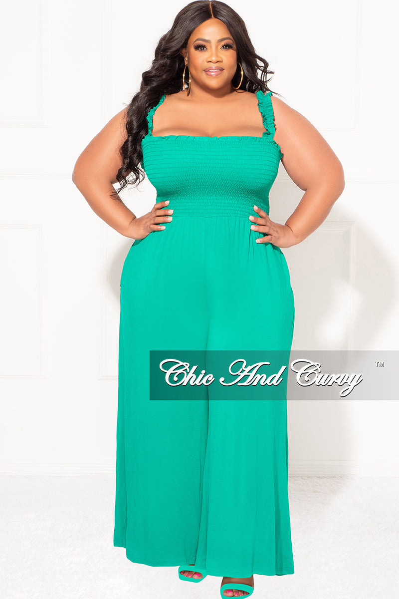 Final Sale Plus Size Jumpsuit with Smocking & Elastic Straps in Kelly Green - 3x 22 Final Sale Plus Size Jumpsuit with Smocking & Elastic Straps in Kelly Green - 3x 22