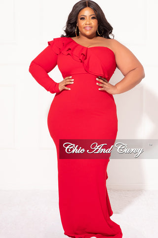 Final Sale Plus Size One Shoulder Ruffle Trim Gown in Red