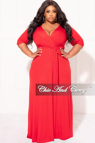 Final Sale Plus Size Faux Wrap Glitter Dress in Red