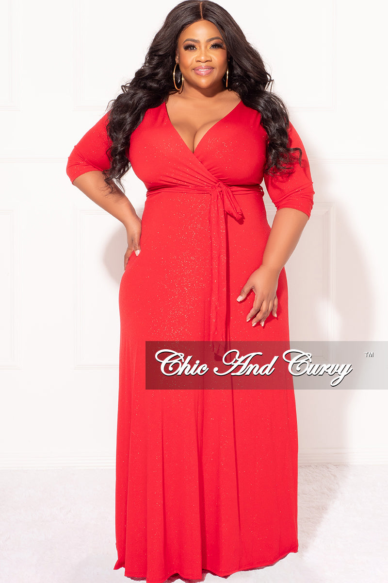 Final Sale Plus Size Faux Wrap Glitter Dress in Red – Chic And Curvy
