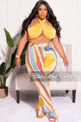 Final Sale Plus Size Halter Crop Tie Top and Pants Set in Yellow Multi Color Print