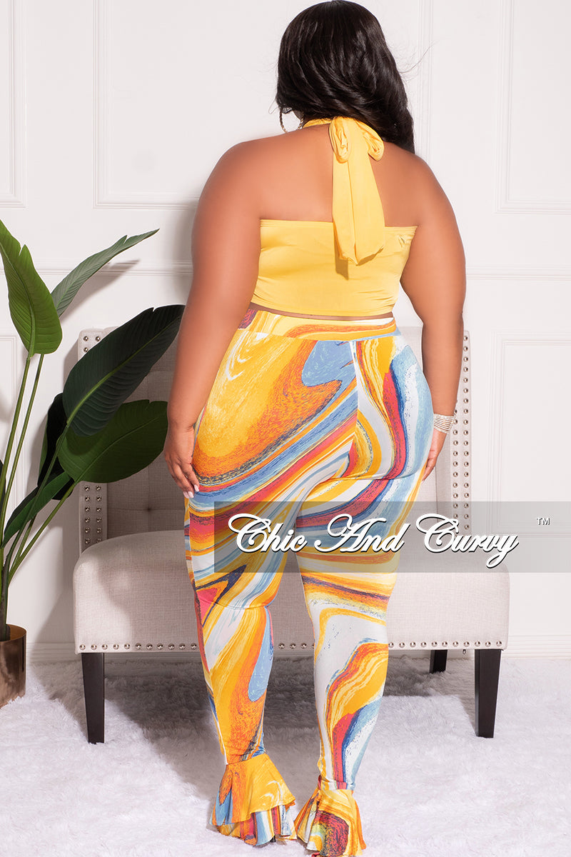Final Sale Plus Size Halter Crop Tie Top and Pants Set in Yellow Multi Color Print
