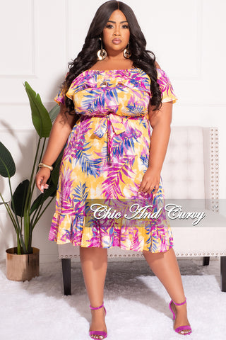 FInal Sale Plus Size Chiffon Off the Shoulder Ruffle Dress in Yellow and Fuschia Leaf Print