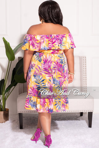 FInal Sale Plus Size Chiffon Off the Shoulder Ruffle Dress in Yellow and Fuschia Leaf Print