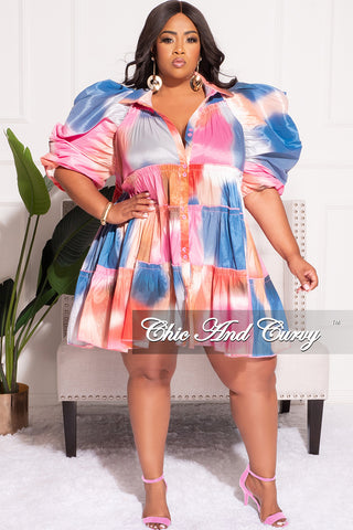 Final Sale Plus Size Puffy Sleeve 3-Tiered Button Up Collar Baby Doll Dress in Pink Blue Orange Ombré