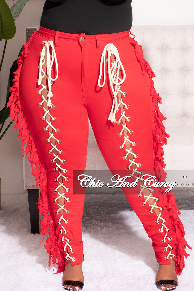 Final Sale Plus Size Tassel with Taupe Lace Up Jeans in Red Denim