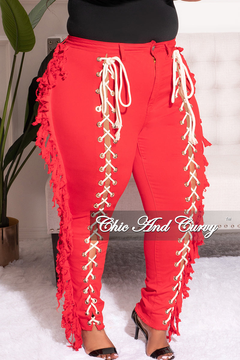 Final Sale Plus Size Tassel with Taupe Lace Up Jeans in Red Denim