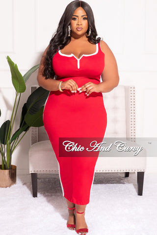 Final Sale Plus Size Cami Long Dress with Contrast  Tape in Red and White
