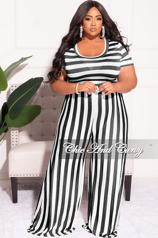 Final Sale Plus Size Short Sleeve Jumpsuit in Black and White Stripes