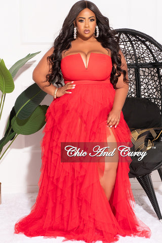 Available Online Only - Final Sale Plus Size Strapless Deep V Maxi Tulle Dress with Slit in Red